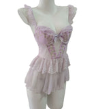 Fongt New Mesh Yarn Flower Sweet Embroidered Pyjamas With Chest Cushions Dyed Skinny Pyjamas Dress