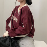 Preppy Contrast Color Letter Print V Neck Sweatshirt-Outfit