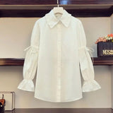 Sweet Ruffles Lapel Spliced Shirt Women's Clothing Two Piece Set Vest Spring Autumn Korean Shirring Drawstring Blouse-Outfit