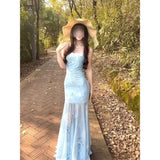 Fongt Temperament Mint Manbo Green Mesh Sling Dress Female Lace Spliced High-Waisted Fishtail