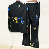 Fongt New Star Temperament Fashion Digital Print A Buckle Suit Horn Trousers Set