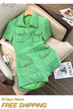 Summer Vintage Short Sleeve Turn-Down Collar Green Jumpsuits Women's Elegant High Waist Patchwork Single Breasted