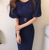 Summer Office Lady Solid Dress Women Puff Sleeve Midi Slim Elegant Female