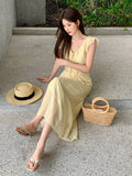 Fongt Xixi 2025 Summer New Korean Version Of High-Waisted Vacation Sleeveless Dress V-Neck Print Pure Desire Skirt 88275