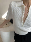 Women Elegant Summer New French Short Sleeve T-shirt Tight Pearl Button Lapel Blouse