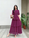 Fongt Familiar With The Style Of Temperament Short-Sleeved Round Collar To Close The Waist Thin Cake Dress Dress Dress Woman