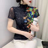 Printed Mesh T Shirt Women Short Sleeve Turtleneck TShirts Lady Basic High Stretch Tops Tees-Outfit