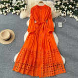 Fongt Retro Hollow Hook Lace Splicing Bow Strap With Waist Single Buckle Over Knee Dress New Autumn New