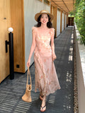 Fongt Xixi 2025 Summer New Korean Version Of High-Waisted Holiday Sling Dress V-Neck Print Pure Desire Skirt 88297