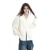 Fongt Autumn White Double Zipper Hooded Stingy Sweater Cardigan Soft Mashed Sweet Hot Girl Blouse