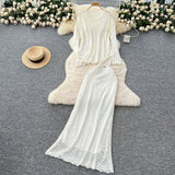 Fongt Wind High-End Sleek Crochet Knitting Set Of Women's Round Collar Long Sleeve Blouse High-Waisted Hip Skirt
