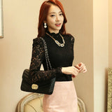 2023 Elegant Lace Crocheted Hollow Out Top Stand-up Collar White Blouse Woman Sweet Long Sleeve Shirts Blusas