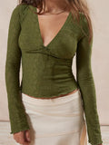 Women Lace Slim Fit Tees Tops Long Sleeve Deep V-neck Front Mini Bowknot Patchwork T-shirts Clubwear 2024 Solid Tops-Outfit