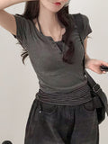 Fongt Sweet Style Simple Knitted Shirt Two Sets Of Striped Hanging Neck Hanging Sling + Half-Open Collar Long-Sleeved T-Shirt Top