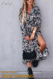 Winter Long Floral Print Dress Robe for Women 2023 Casual Long Sleeve Split Dress Female Boho Elegant Maxi Party