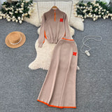 Fongt Simple Wind Bumpy Striped Knitted Sister Set With Long-Sleeved Sweater + High Waist Long Body Skirt Winter