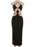 Off Shoulder Halter Black Maxi Dress Summer For Women Hollow Out Backless Bodycon Sleeveless Nigh Club Long Dresses-Outfit
