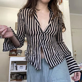 Fongt Style Simple Casual Temperament Joker Striped Lapel Shirt Female Slim Waist Long Sleeve Breasoned Top-Outfit