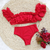 2025 New Lotus-Side High-Waisted Bikini Bikini Solid-Colored Shoulder-Print