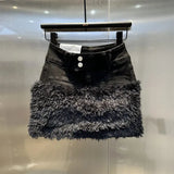 Faux Fur Trim Denim Mini Skirt-Outfit