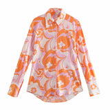 New Spring Summer Women Retro Printing Simple Style Long Sleeve Shirt And High Waist Casual Pants Chic Tops