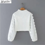 2021 New Women Fashion Appliques Chiffon Lantern Sleeve Patchwork Short Knitting Sweater Ladies Chic Pullovers Tops