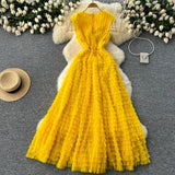 Fongt Famous French High-End Women V Lead Heavy Industry Folding Net Yarn Waist Fluffy Cake Dress Dress