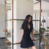 New Korean Chic Temperament Slimming V. Recpter Waist A Skirt Pressured Folded Ice Silk Short-Sleeved Dress