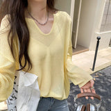 Fragrant Wind V-Collar Hollowed-Out Long-Sleeved Sweater Women's Spring And Autumn New Loose Meat Sunscreen Thin Air Conditioner