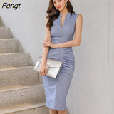 Han Queen Hot sale Office Lady Pencil Dress Summer Tight V-Neck Sleeveless Decorative Single-Breasted Folds Elegant