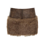 Fongt Cloth Forget Retro Brown Low-Waisted Umbilled Zip Hair Short Skirt Design Leather Splicing Bag Hip Skirt
