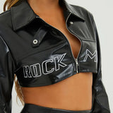 Fongt Cloth Forget Street Locomotive Wind Letter Print PU Leather Spliced Short Jacket Work Clothes Casual Leather Top