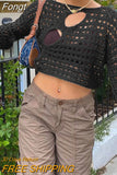 Out Cropped Knit Smock Top Women Flare Sleeve Y2K Clothes Fairy Grunge Loose Distressed Crochet Pullovers Sweater