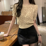 Fongt Temperament Hollow T-Shirt Girl Summer New Solid Color Short-Term Cash Waist Repair Slim Thin Short-Sleeved Top