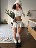 White Long Sleeve Crop Top And Micro Pleated Mini Skirt Set-Outfit