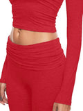 Long Sleeve Cropped Top Fold-over Flare Pants Set-Outfit