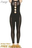 Mesh See Through Cut Out Jumpsuits Women Sleeveless Patchwork Black Goth Pencil Pants One Piece Rompers 2023