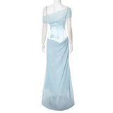 Blue Satin Corset Chiffon Off-shoulder Maxi Dress-Outfit