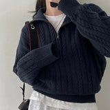Vintage Lapel Neck Cable Knit Sweater-Outfit