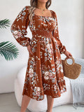 Shooting Spring And Summer Elegant Flowers Lead Long Sleeves To Close Waist Lotus Leaf Side A Dress Women's