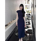 Fongt Chinese Style Improved Cheongsam Dress Women's Summer Small Temperament Chic Country Style Blue Bag Hip Long