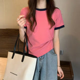 Fongt Female 2024 New Summer Design Sense Contrast Color T-Shirt Fashion Chic Irregular Short Student