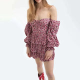 Fongt Spring New Fashion Fresh Sweet Wind Tling With Belt Print Bubble Sleeve Bra Short Dress