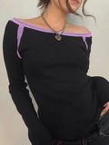 Contrast Color Off Shoulder Long Sleeve Tee-Outfit