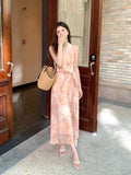 Fongt Xixi 2025 Summer New Korean Version Of High-Waisted Holiday With Dress V-Neck Print Pure Desire Skirt 88329