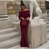 Burgundy Off Shoulder Fold Knit Midi Dress-Outfit