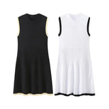 Fongt Women's Explosive Knitted Mini Dress Fashion Round Collar Folded A-Character Dress