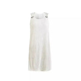 Fongt Spring And Summer Temperament Commuting Simple Pure Color Metal Button V-Neck Sleeveless Dress-Outfit