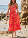 Fongt Women's V-Necked Dresses Dresses Printed Sleeveless Beach 100-Fold Fashion Sexy 8087