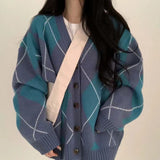 Argyle Print Oversized Preppy Cardigan-Outfit